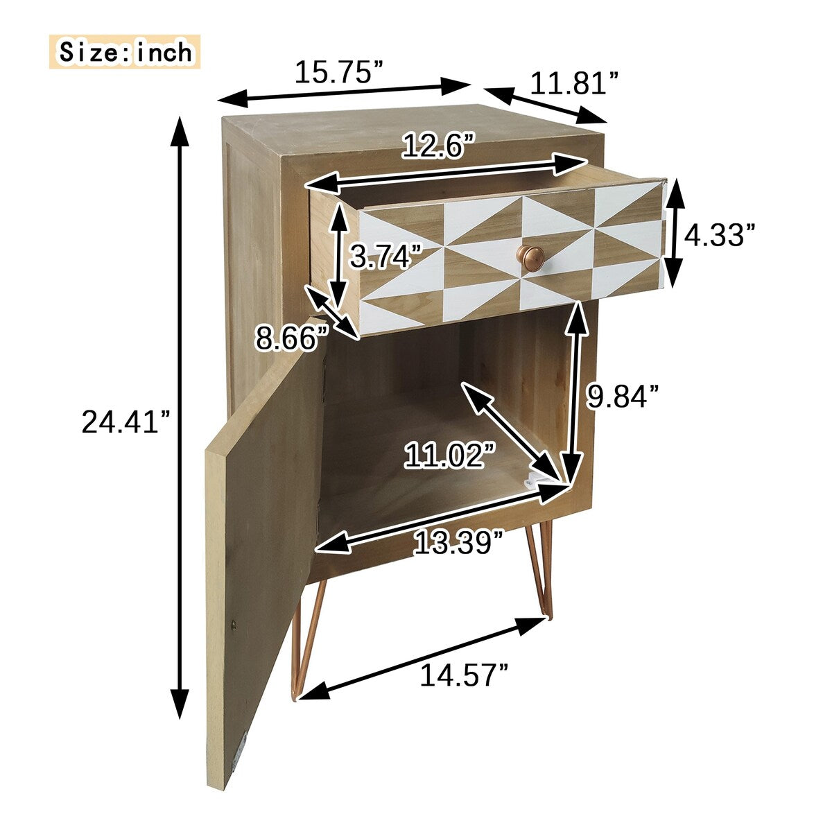 Natural Wooden Nightstand - Color-Matched Drawer Panels, Solid Wood Frame, Metal Feet - Modern Bedside Elegance