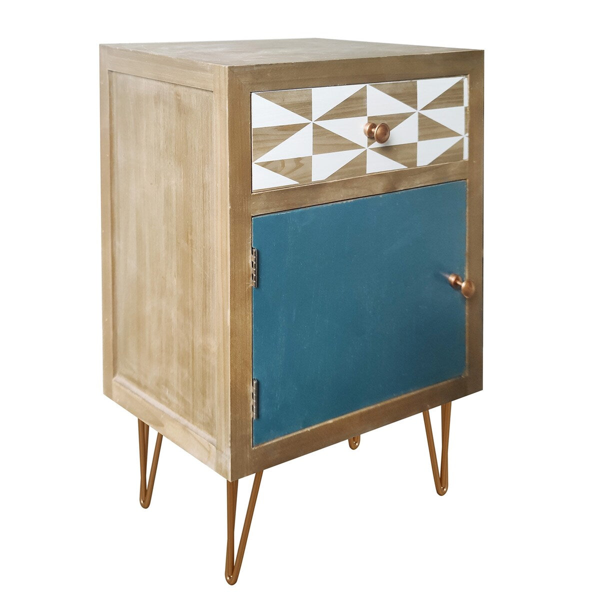 Natural Wooden Nightstand - Color-Matched Drawer Panels, Solid Wood Frame, Metal Feet - Modern Bedside Elegance
