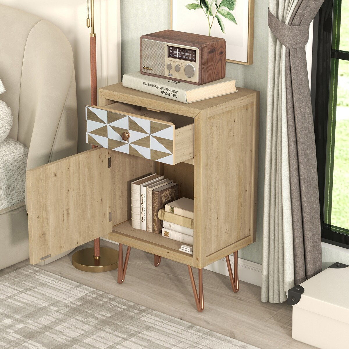 Natural Wooden Nightstand - Color-Matched Drawer Panels, Solid Wood Frame, Metal Feet - Modern Bedside Elegance