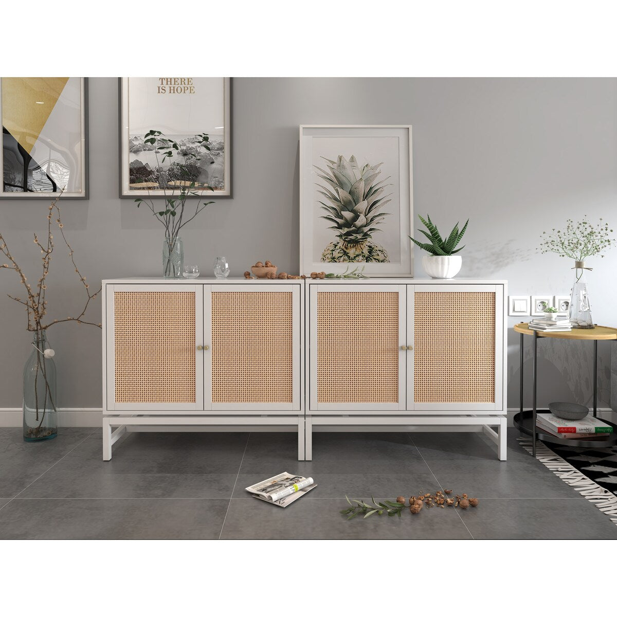 Natural rattan, 2 door cabinet, with 1 Adjustable Inner Shelves, rattan, Accent Storage Cabinet, Set of 2
