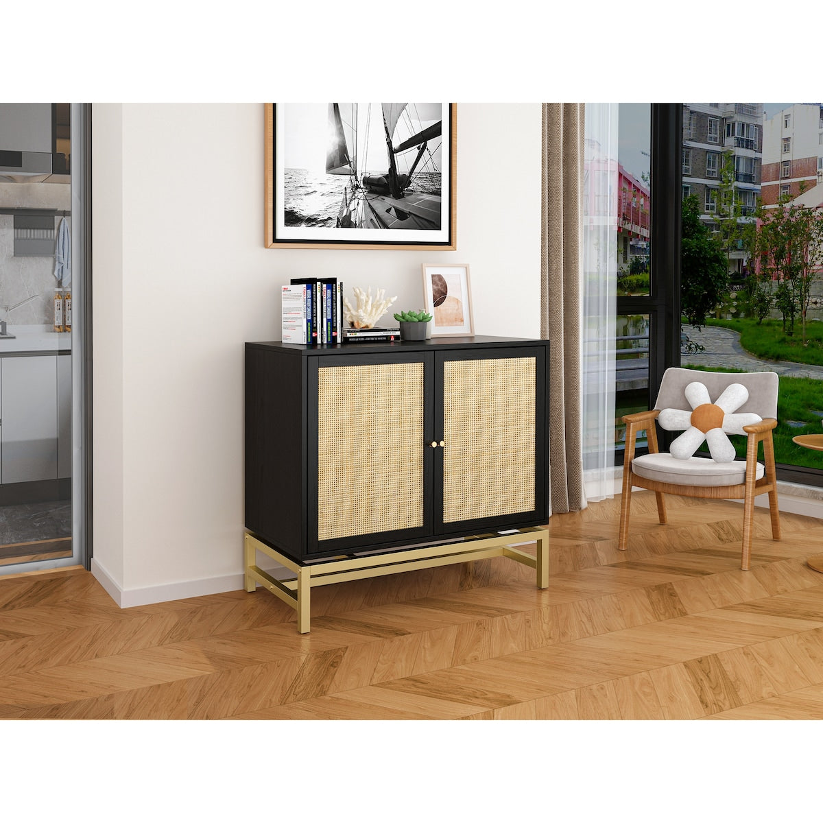 Natural rattan, 2 door cabinet, with 1 Adjustable Inner Shelves, rattan, Accent Storage Cabinet, Set of 2