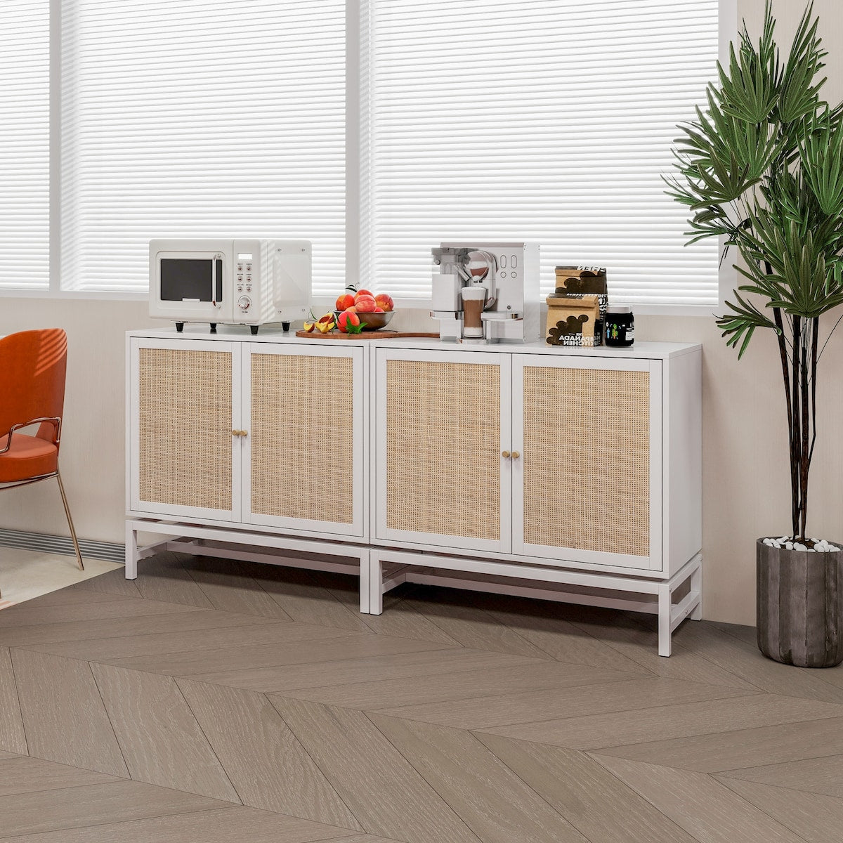 Natural rattan, 2 door cabinet, with 1 Adjustable Inner Shelves, rattan, Accent Storage Cabinet, Set of 2