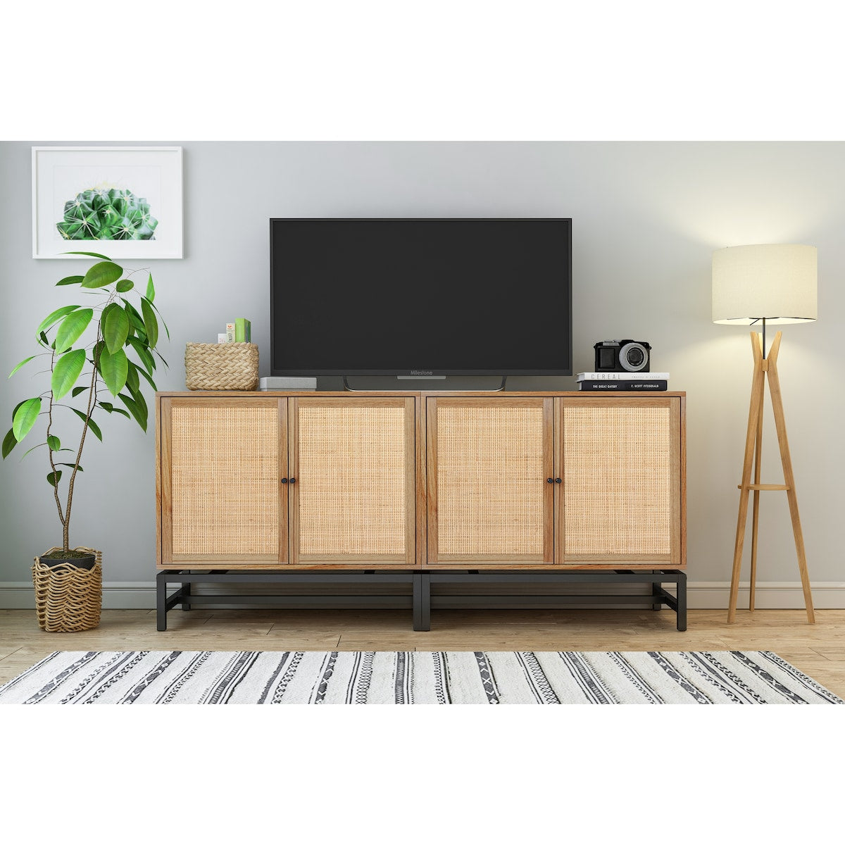 Natural rattan, 2 door cabinet, with 1 Adjustable Inner Shelves, rattan, Accent Storage Cabinet, Set of 2