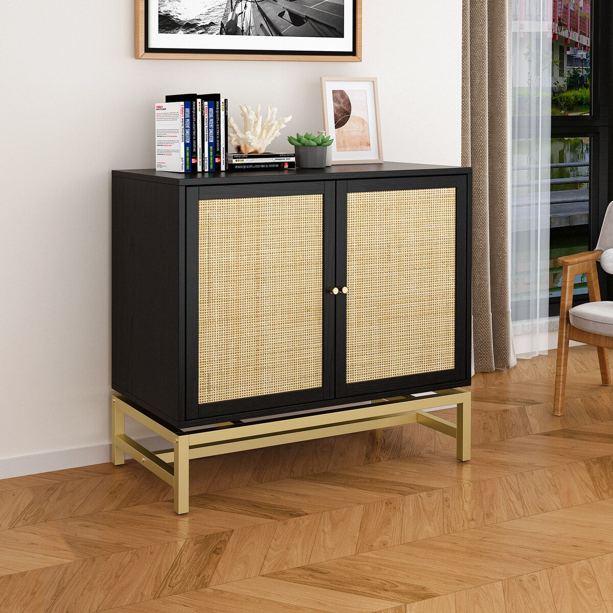 Natural rattan, 2 door cabinet, with 1 Adjustable Inner Shelves, rattan, Accent Storage Cabinet, Set of 2