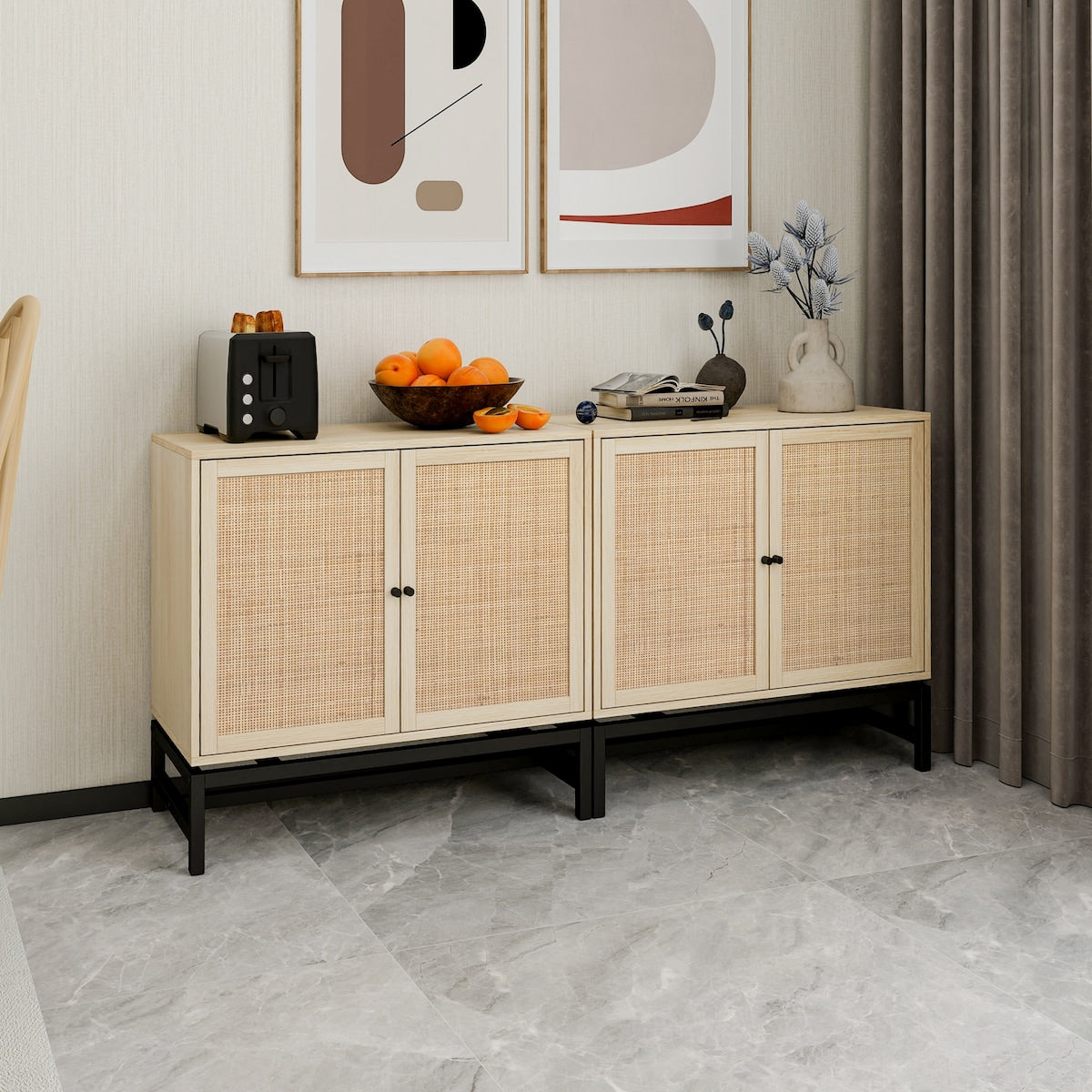 Natural rattan, 2 door cabinet, with 1 Adjustable Inner Shelves, rattan, Accent Storage Cabinet, Set of 2