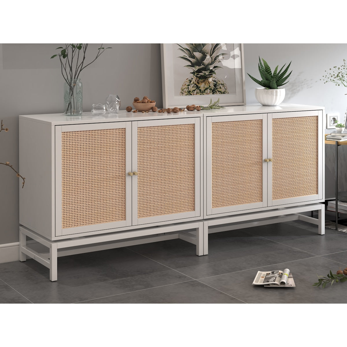 Natural rattan, 2 door cabinet, with 1 Adjustable Inner Shelves, rattan, Accent Storage Cabinet, Set of 2