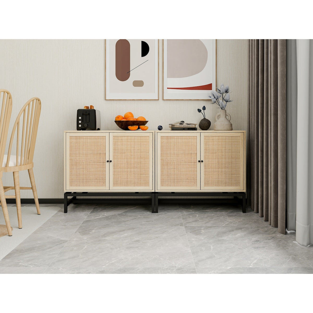 Natural rattan, 2 door cabinet, with 1 Adjustable Inner Shelves, rattan, Accent Storage Cabinet, Set of 2