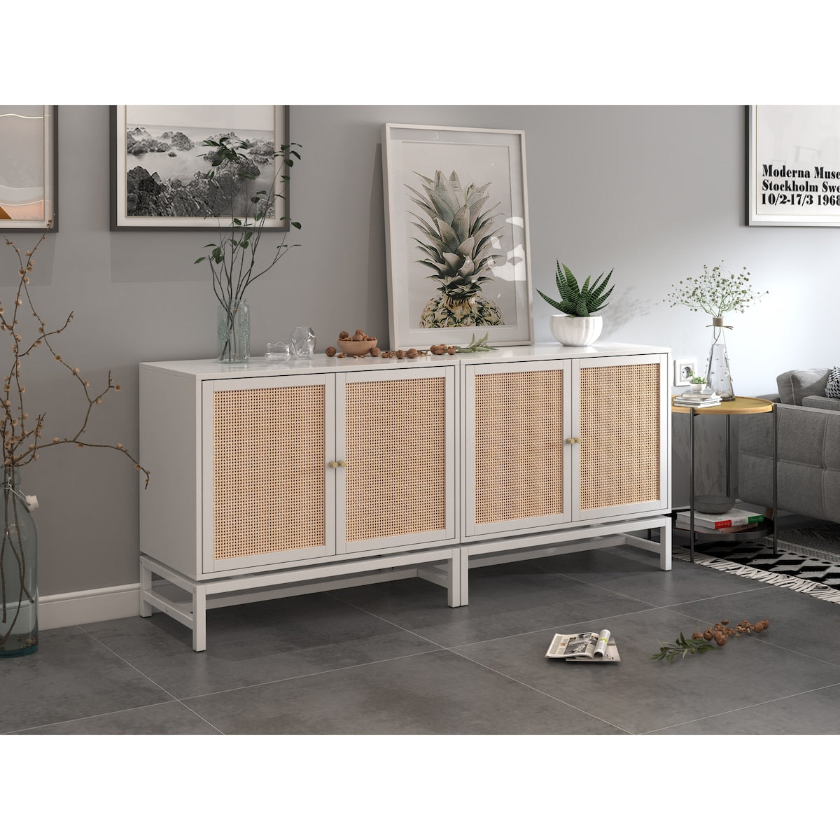 Natural rattan, 2 door cabinet, with 1 Adjustable Inner Shelves, rattan, Accent Storage Cabinet, Set of 2