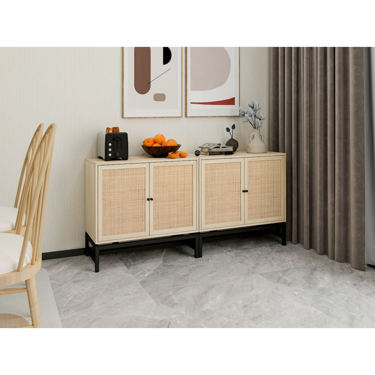 Natural rattan, 2 door cabinet, with 1 Adjustable Inner Shelves, rattan, Accent Storage Cabinet, Set of 2