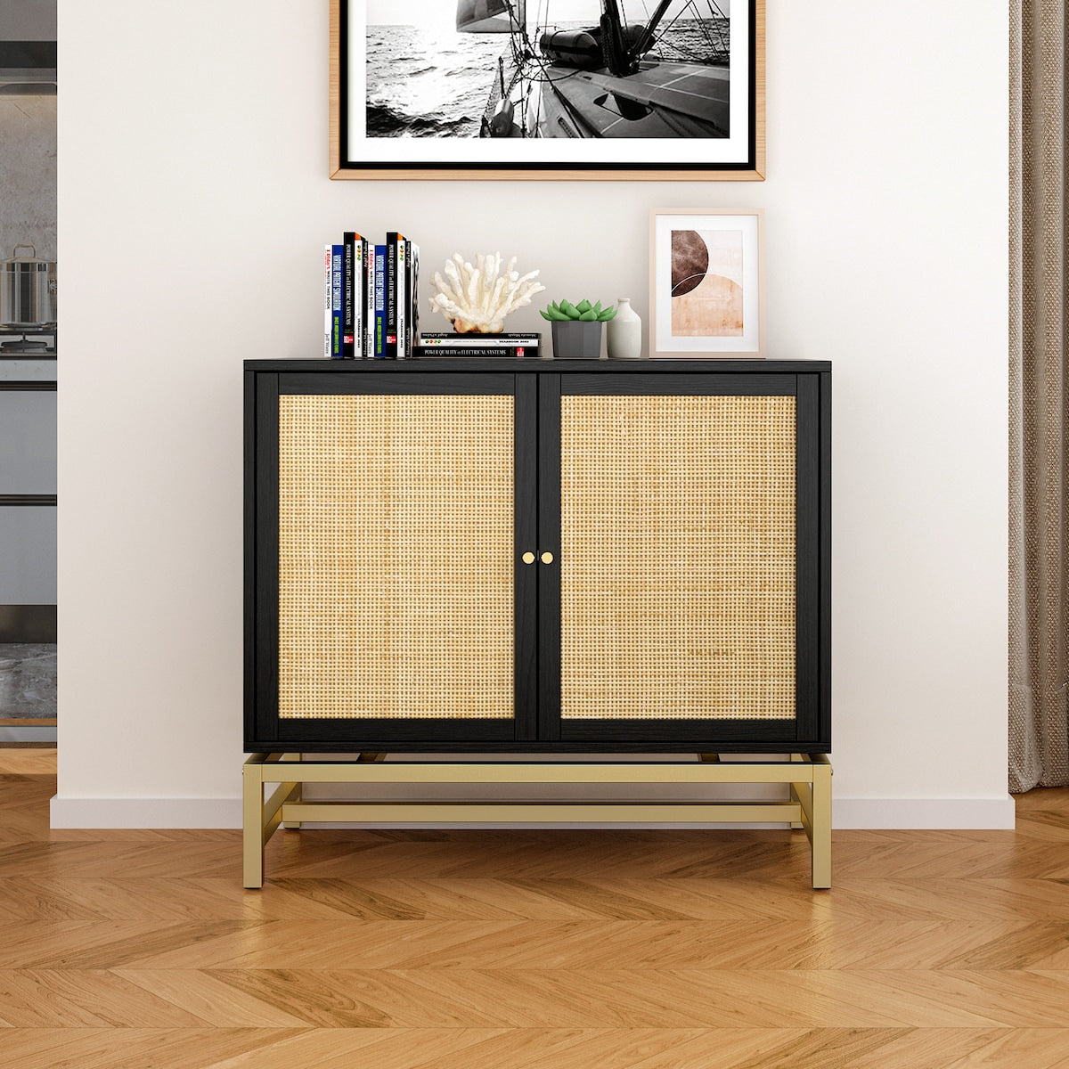 Natural rattan, 2 door cabinet, with 1 Adjustable Inner Shelves, rattan, Accent Storage Cabinet, Set of 2