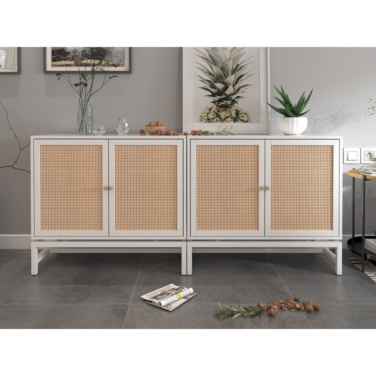 Natural rattan, 2 door cabinet, with 1 Adjustable Inner Shelves, rattan, Accent Storage Cabinet, Set of 2