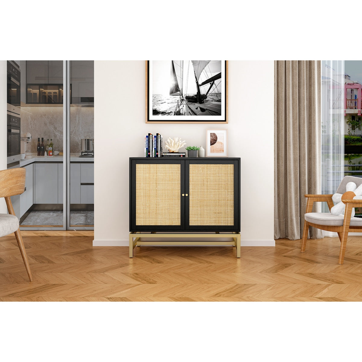 Natural rattan, 2 door cabinet, with 1 Adjustable Inner Shelves, rattan, Accent Storage Cabinet, Set of 2