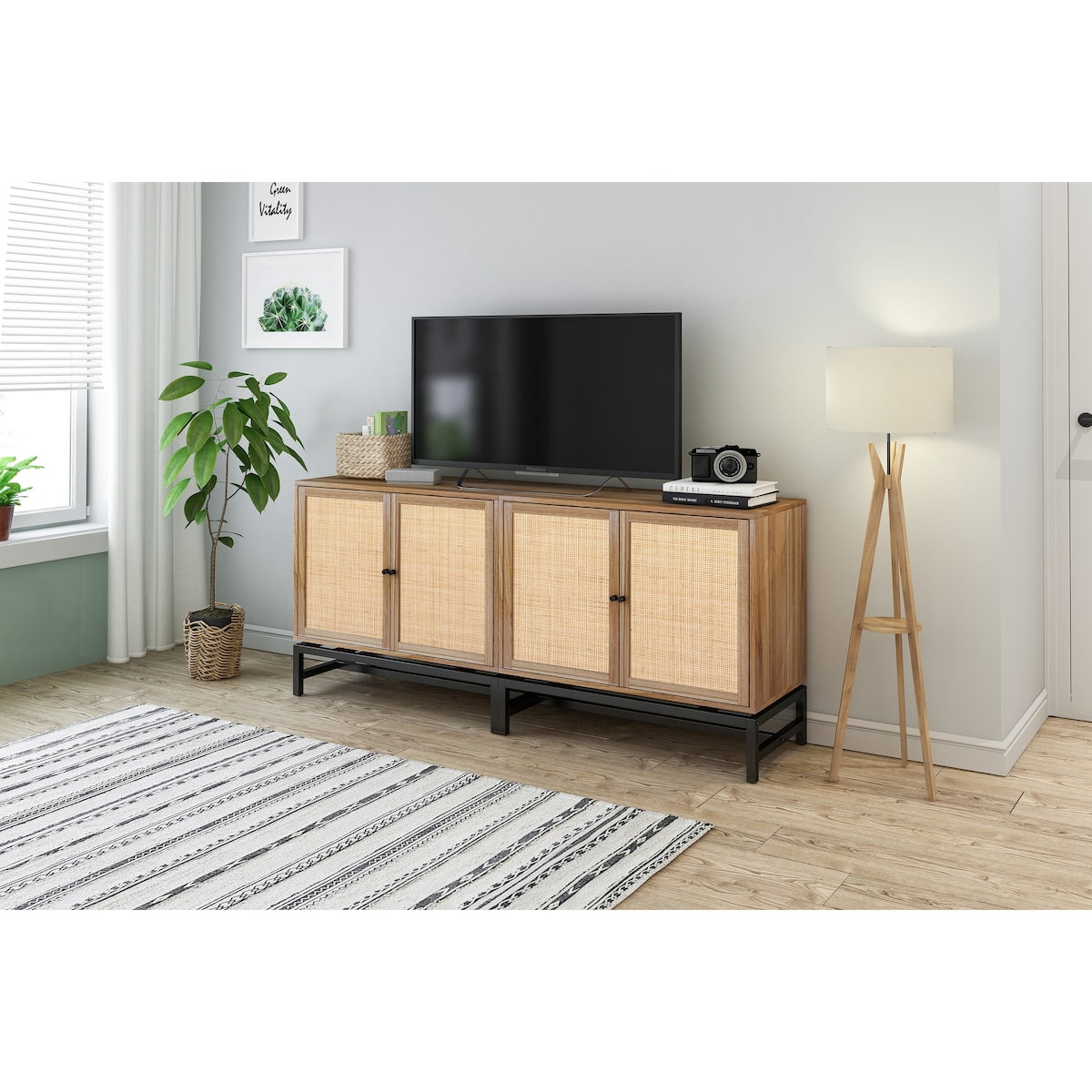 Natural rattan, 2 door cabinet, with 1 Adjustable Inner Shelves, rattan, Accent Storage Cabinet, Set of 2