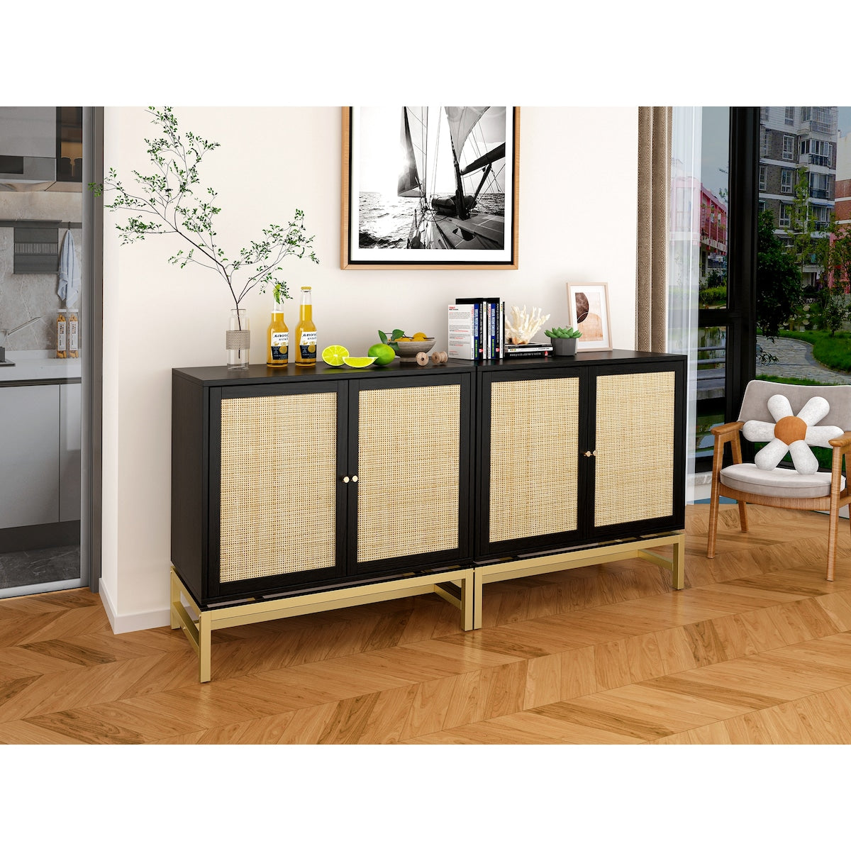 Natural rattan, 2 door cabinet, with 1 Adjustable Inner Shelves, rattan, Accent Storage Cabinet, Set of 2