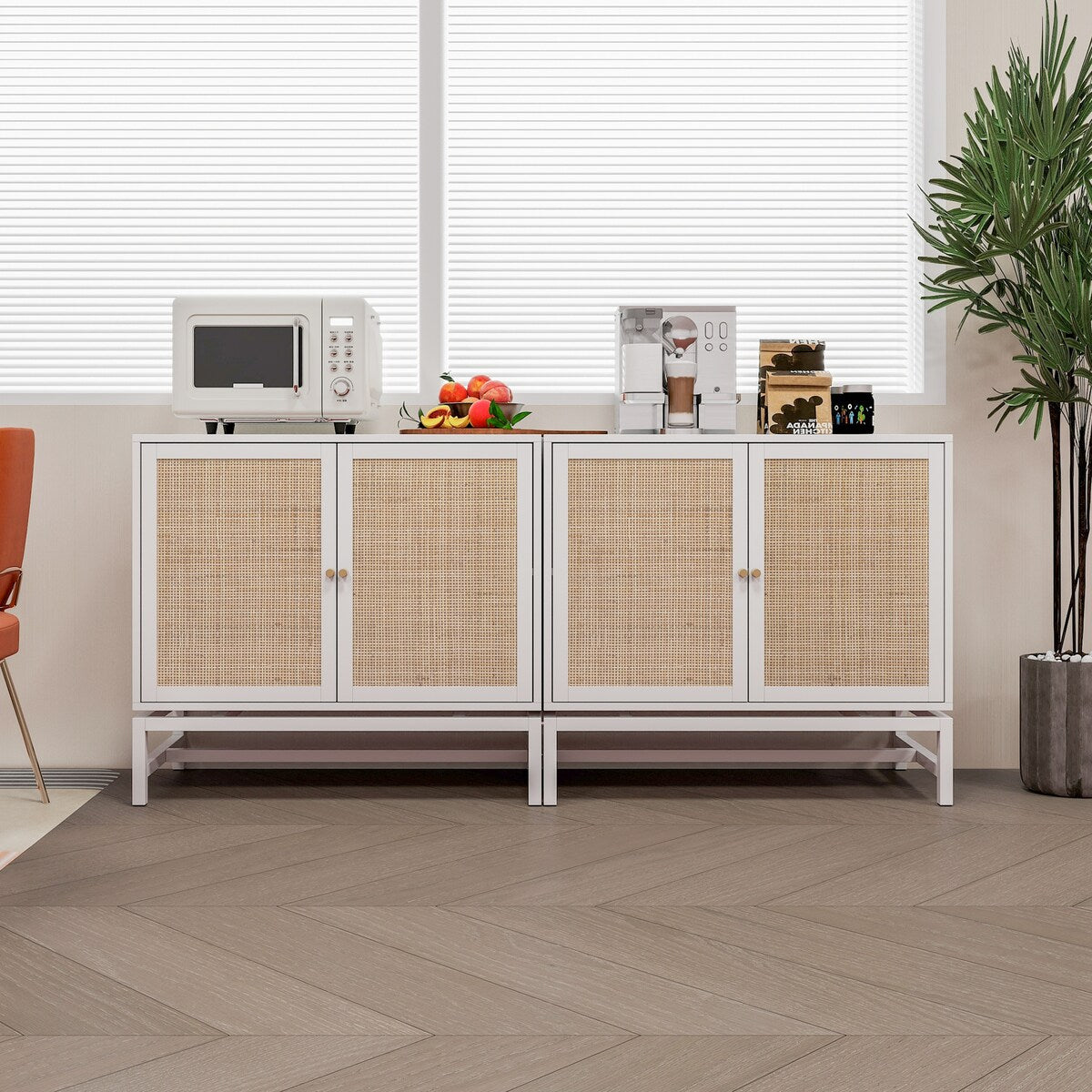 Natural rattan, 2 door cabinet, with 1 Adjustable Inner Shelves, rattan, Accent Storage Cabinet, Set of 2