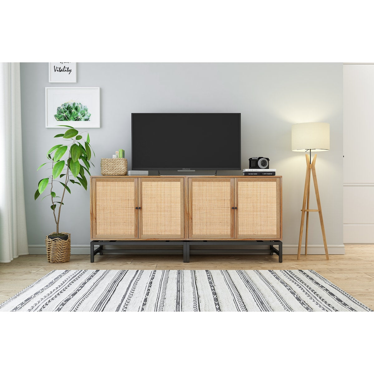 Natural rattan, 2 door cabinet, with 1 Adjustable Inner Shelves, rattan, Accent Storage Cabinet, Set of 2