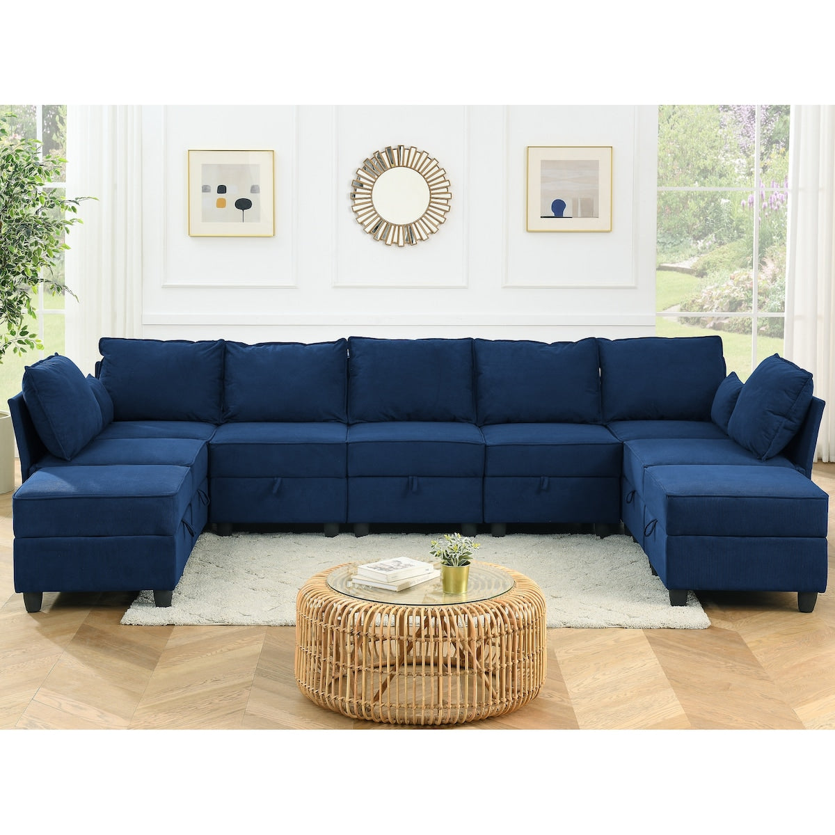 Navy Blue Corduroy Velvet 9 Seat Modular Sofa Convertible King Bed w Overstock