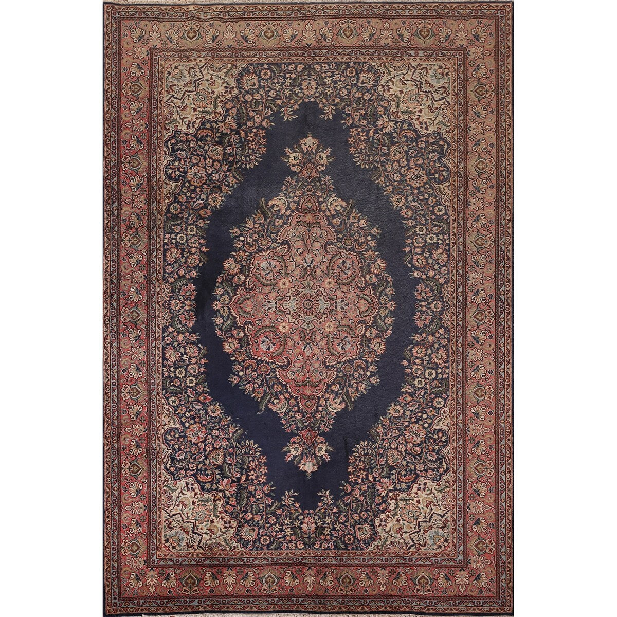 Navy Blue Floral Anatolian Oriental Vintage Rug Handmade Wool Carpet - 7'2" X 10'5"