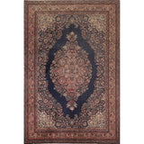 Navy Blue Floral Anatolian Oriental Vintage Rug Handmade Wool Carpet - 7'2" X 10'5"