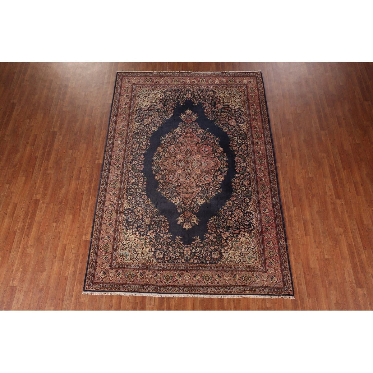 Navy Blue Floral Anatolian Oriental Vintage Rug Handmade Wool Carpet - 7'2" X 10'5"