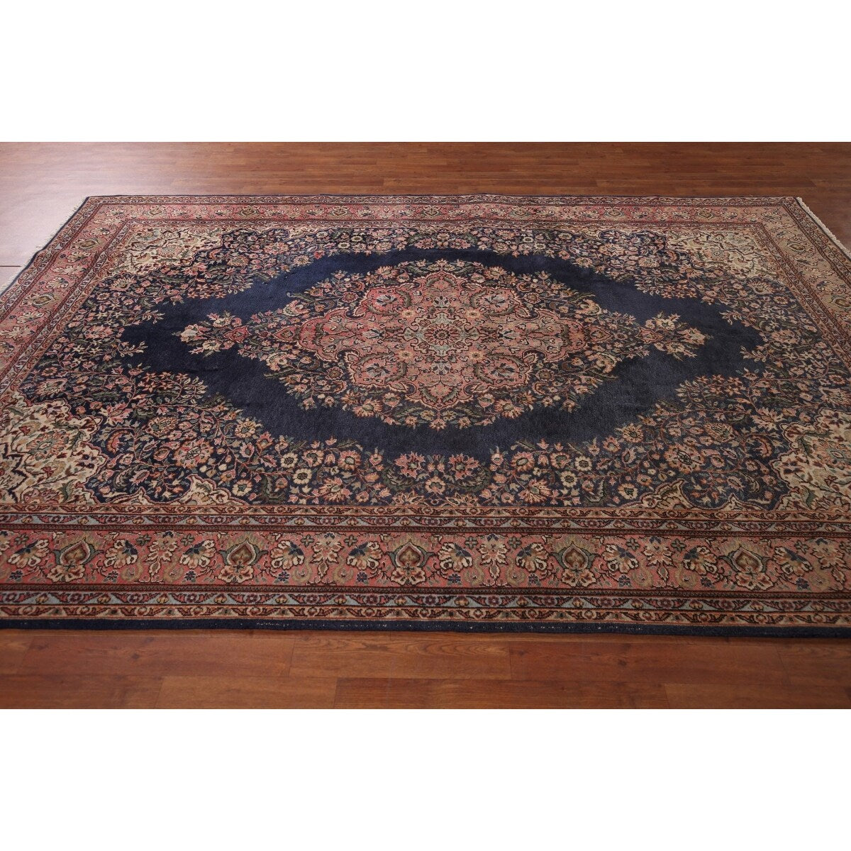 Navy Blue Floral Anatolian Oriental Vintage Rug Handmade Wool Carpet - 7'2" X 10'5"