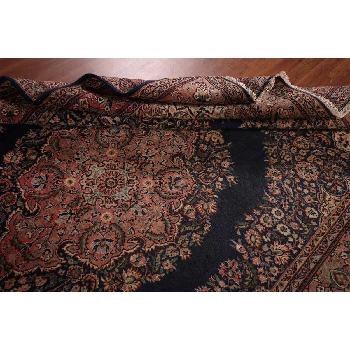 Navy Blue Floral Anatolian Oriental Vintage Rug Handmade Wool Carpet - 7'2" X 10'5"