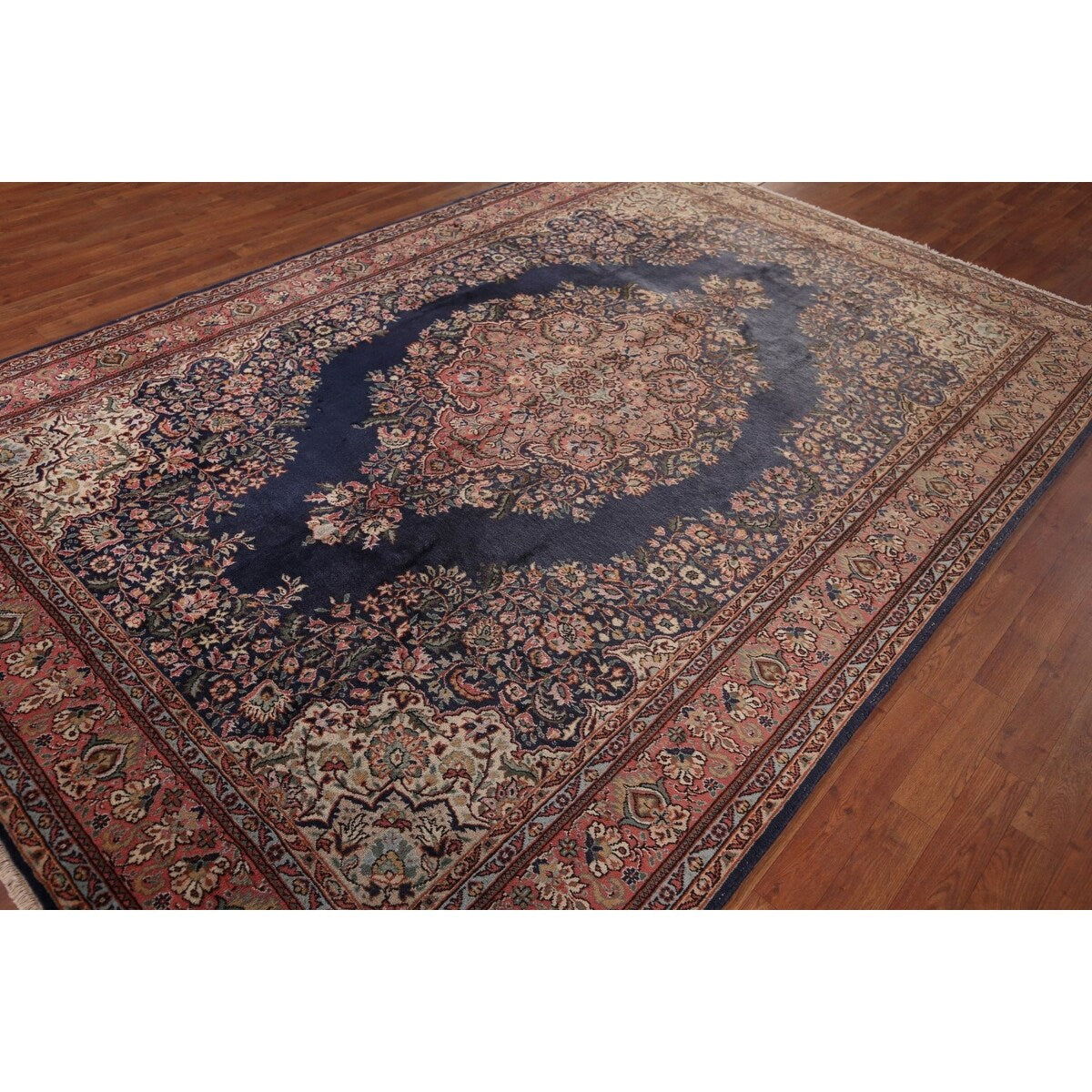 Navy Blue Floral Anatolian Oriental Vintage Rug Handmade Wool Carpet - 7'2" X 10'5"