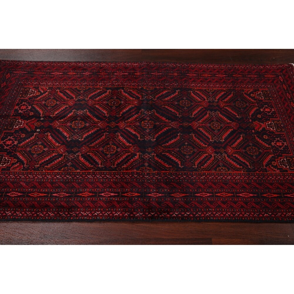 Navy Blue Geometric Balouch Oriental Area Rug Hand-Knotted Carpet - 3'4" x 6'1"
