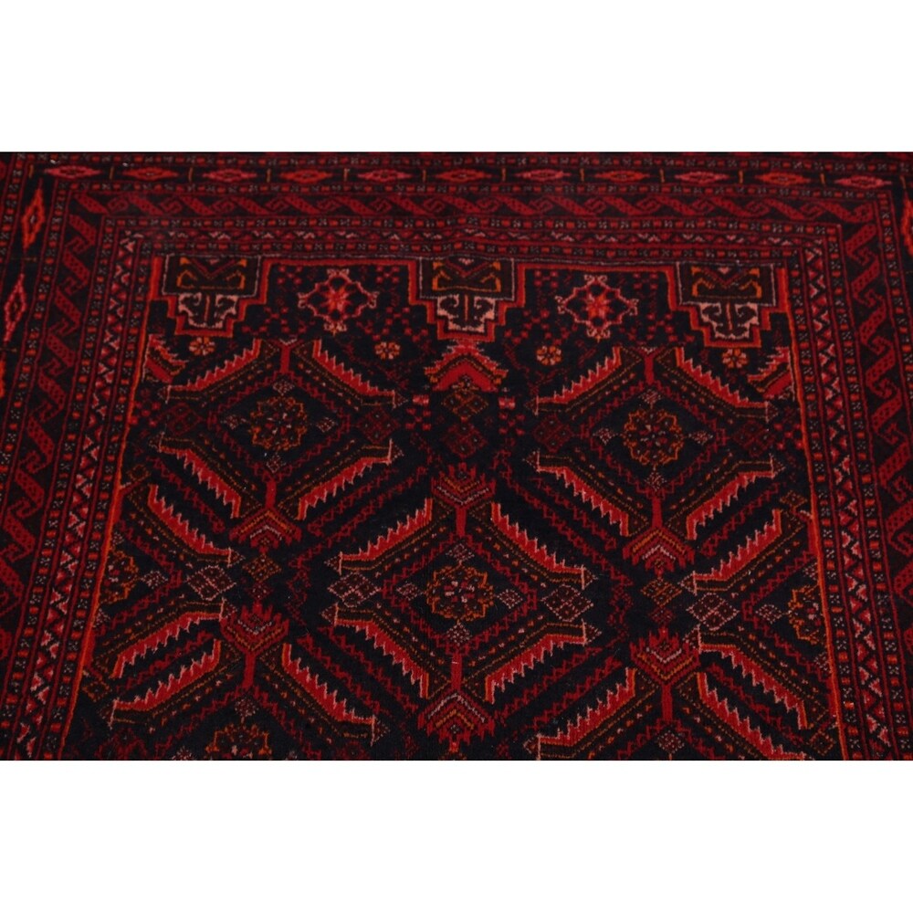 Navy Blue Geometric Balouch Oriental Area Rug Hand-Knotted Carpet - 3'4" x 6'1"