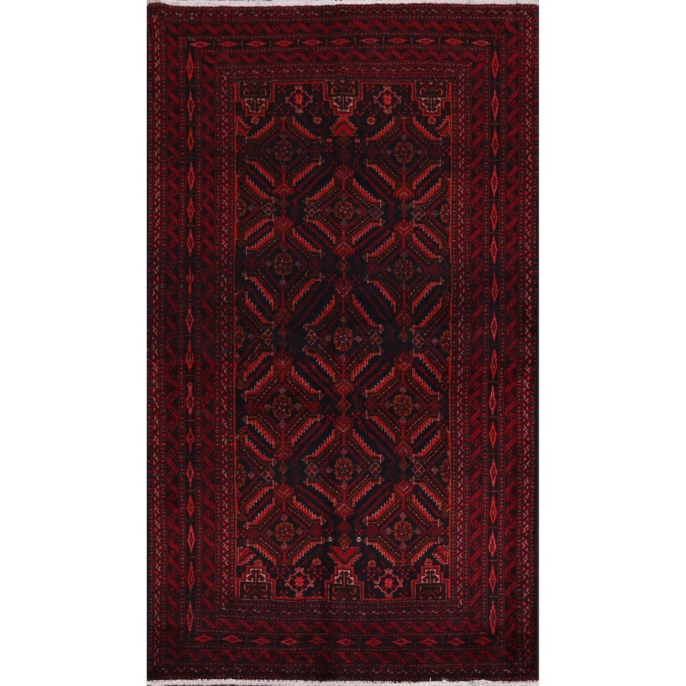 Navy Blue Geometric Balouch Oriental Area Rug Hand-Knotted Carpet - 3'4" x 6'1"