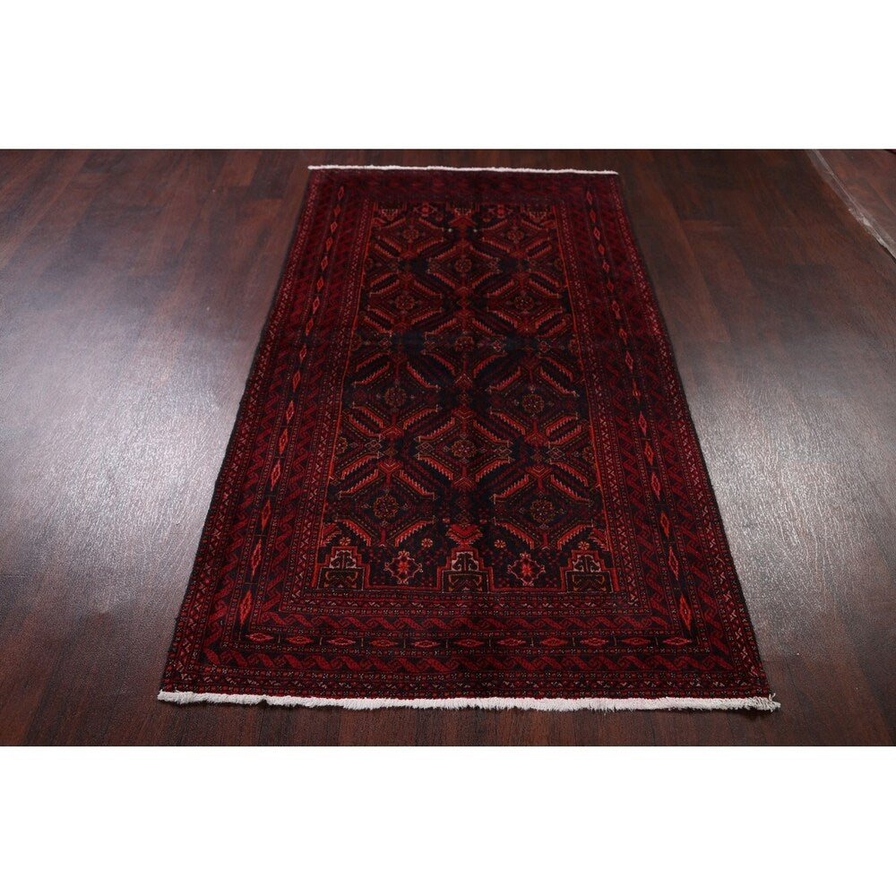 Navy Blue Geometric Balouch Oriental Area Rug Hand-Knotted Carpet - 3'4" x 6'1"