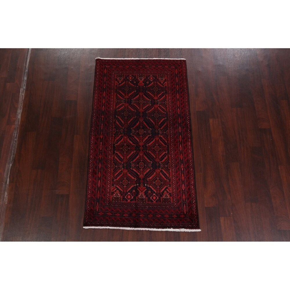 Navy Blue Geometric Balouch Oriental Area Rug Hand-Knotted Carpet - 3'4" x 6'1"