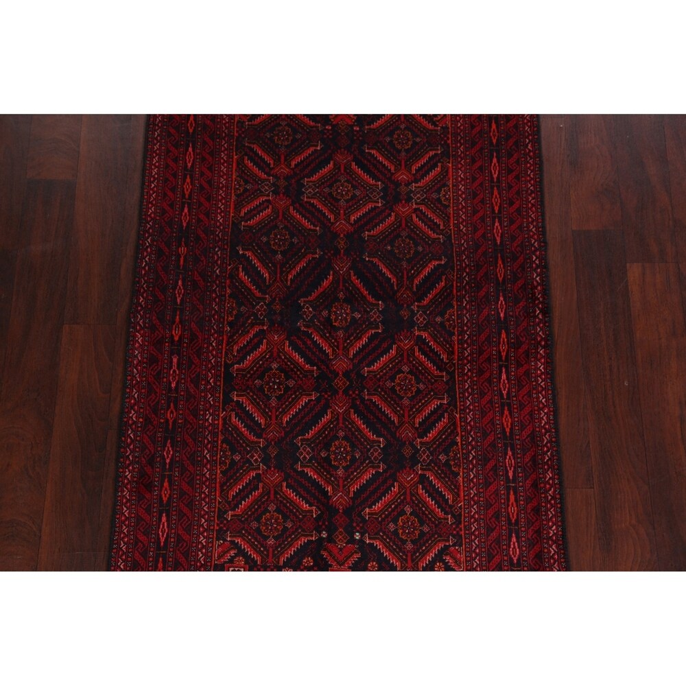 Navy Blue Geometric Balouch Oriental Area Rug Hand-Knotted Carpet - 3'4" x 6'1"
