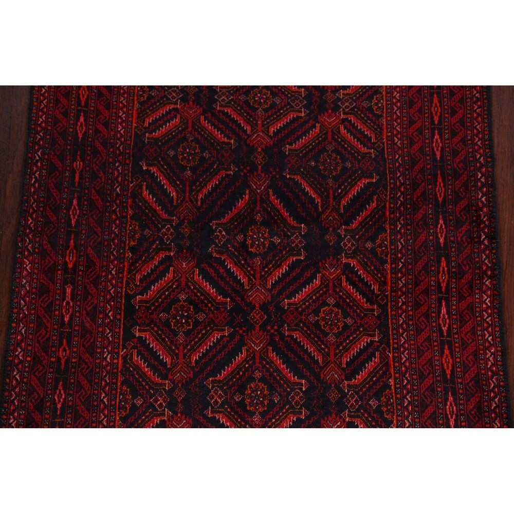 Navy Blue Geometric Balouch Oriental Area Rug Hand-Knotted Carpet - 3'4" x 6'1"