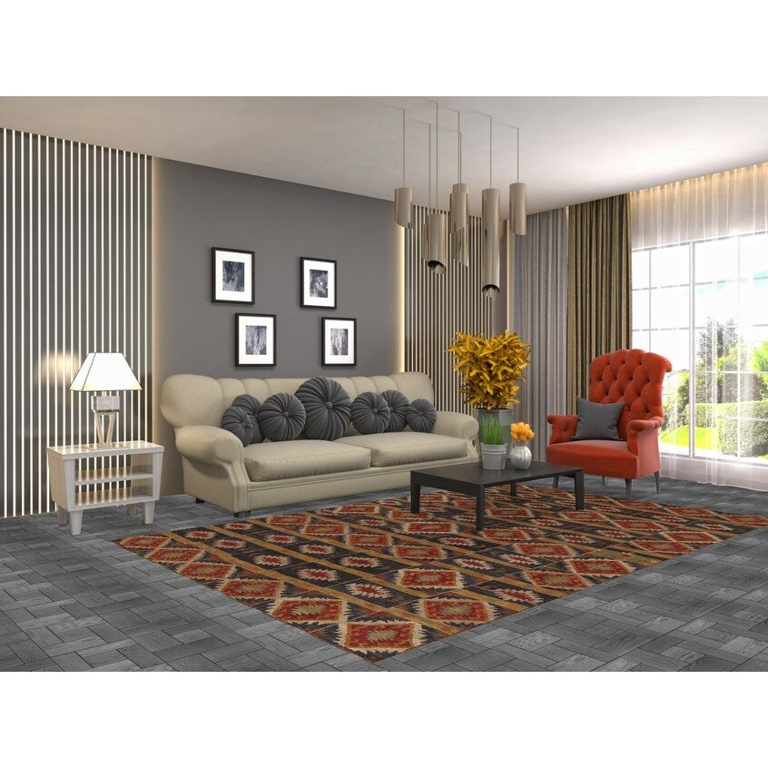Navy Blue Geometric Kilim Area Rug Hand-Woven Wool Carpet - 5'11"x 9'0"