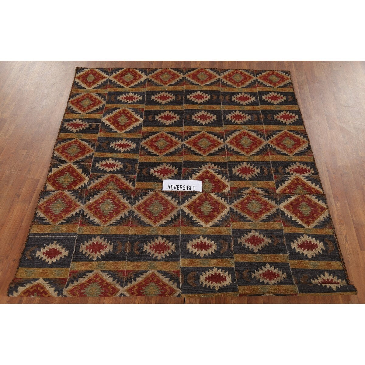 Navy Blue Geometric Kilim Area Rug Hand-Woven Wool Carpet - 5'11"x 9'0"