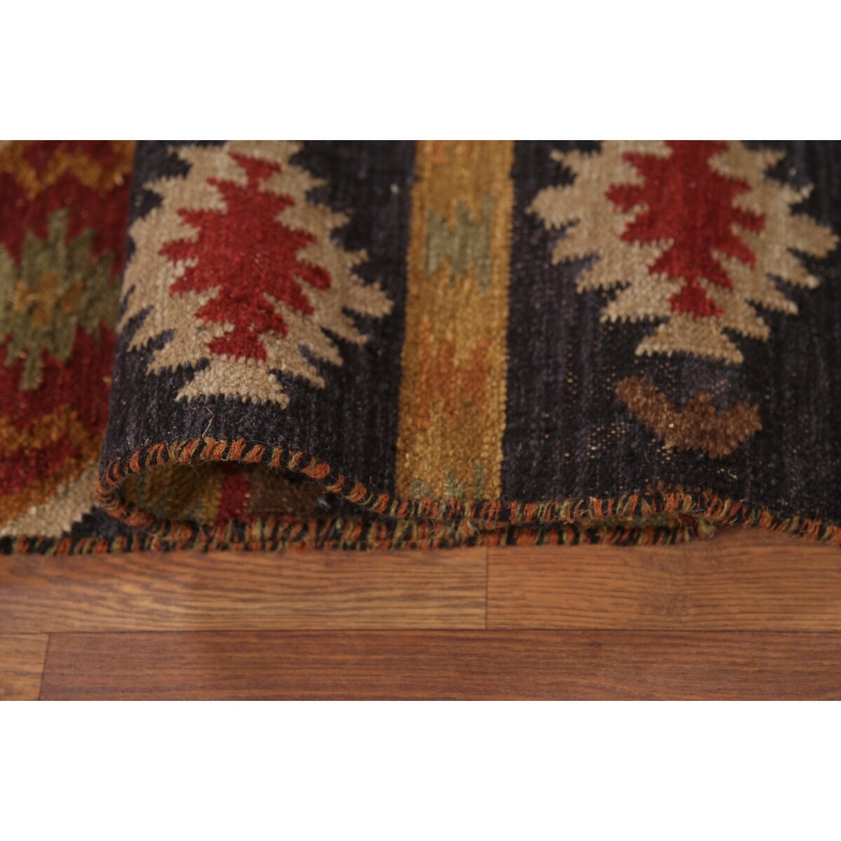 Navy Blue Geometric Kilim Area Rug Hand-Woven Wool Carpet - 5'11"x 9'0"