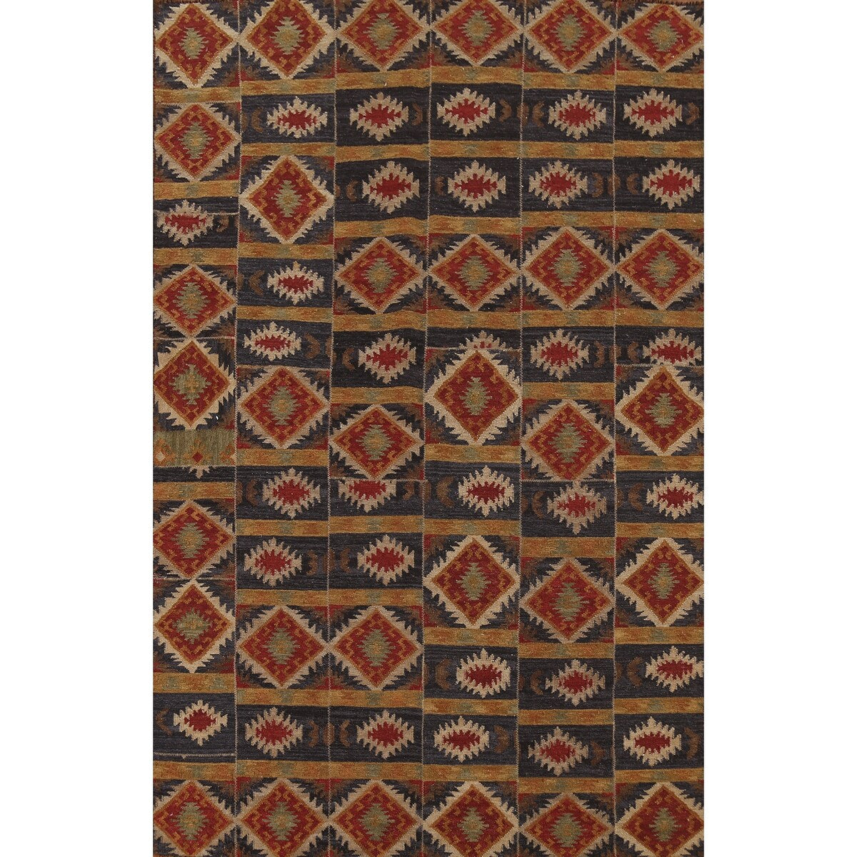 Navy Blue Geometric Kilim Area Rug Hand-Woven Wool Carpet - 5'11"x 9'0"