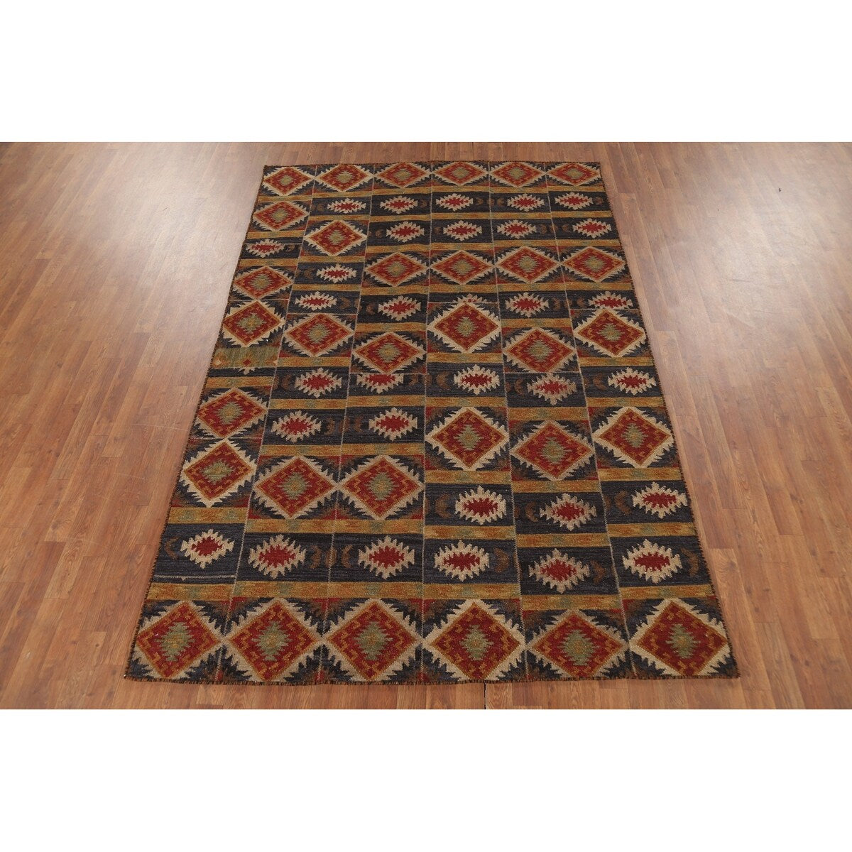 Navy Blue Geometric Kilim Area Rug Hand-Woven Wool Carpet - 5'11"x 9'0"