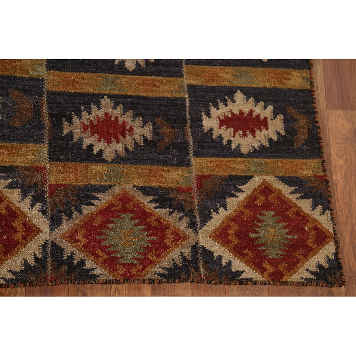 Navy Blue Geometric Kilim Area Rug Hand-Woven Wool Carpet - 5'11"x 9'0"