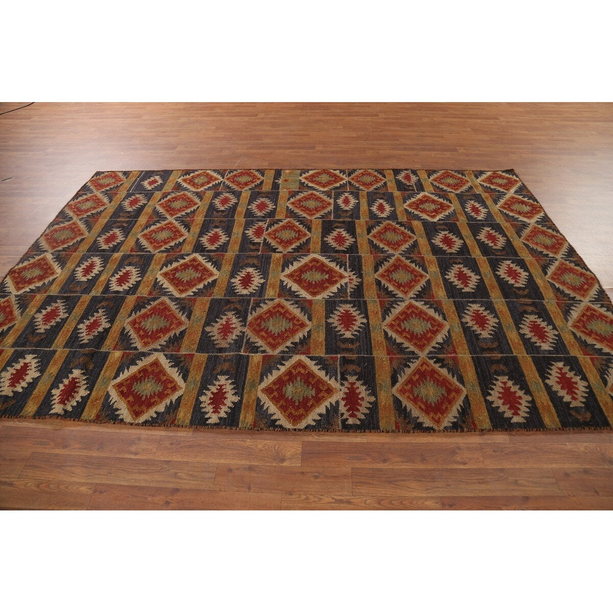 Navy Blue Geometric Kilim Area Rug Hand-Woven Wool Carpet - 5'11"x 9'0"