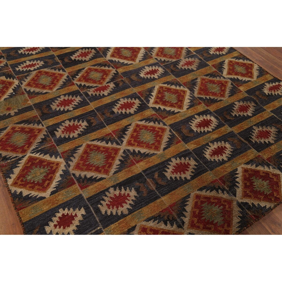 Navy Blue Geometric Kilim Area Rug Hand-Woven Wool Carpet - 5'11"x 9'0"