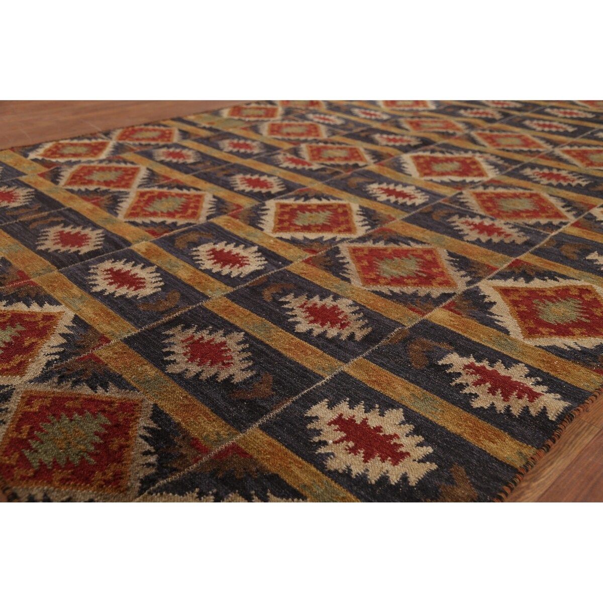 Navy Blue Geometric Kilim Area Rug Hand-Woven Wool Carpet - 5'11"x 9'0"