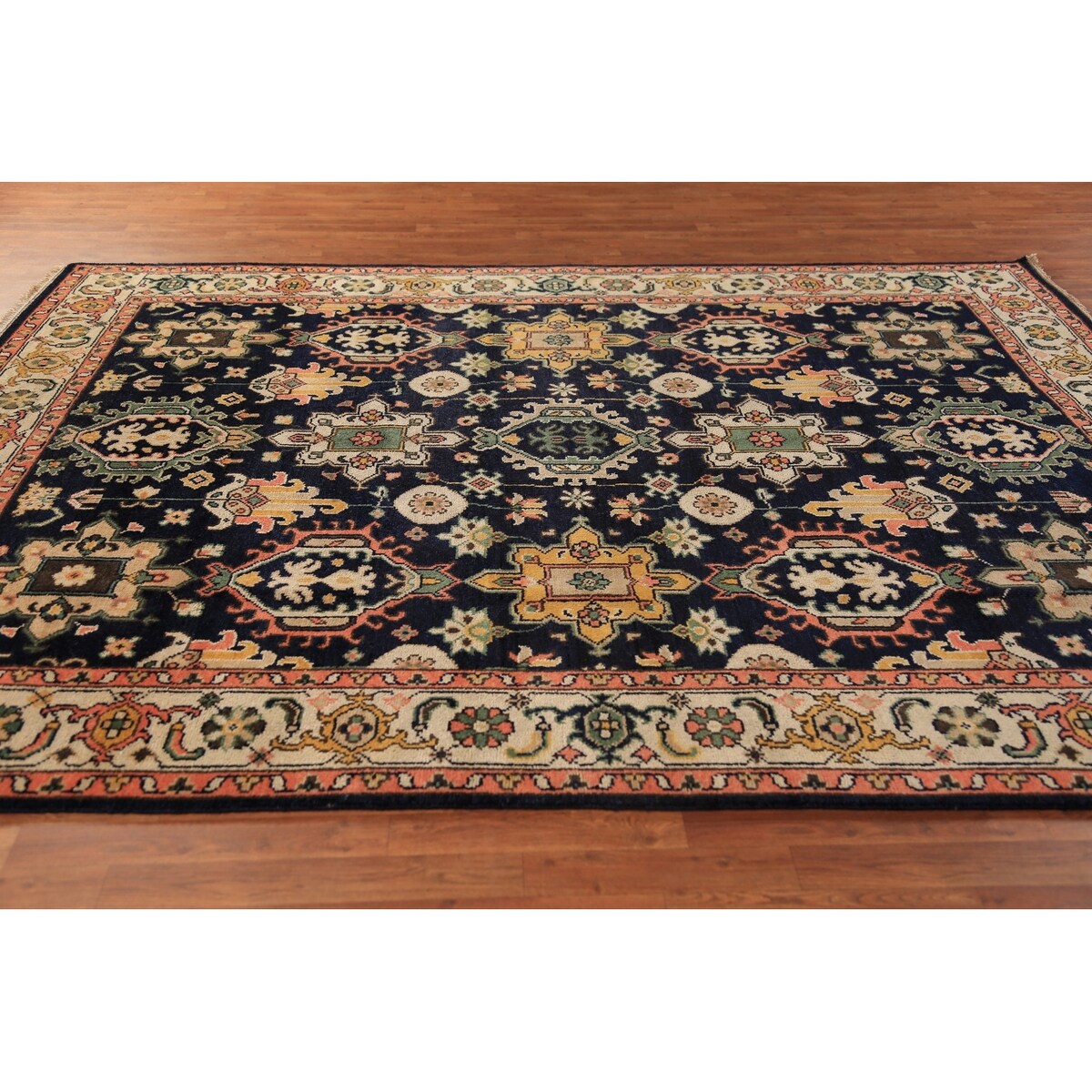 Navy Blue Geometric Oushak Indian Area Rug Handmade Wool Carpet - 8'0"x 10'1"