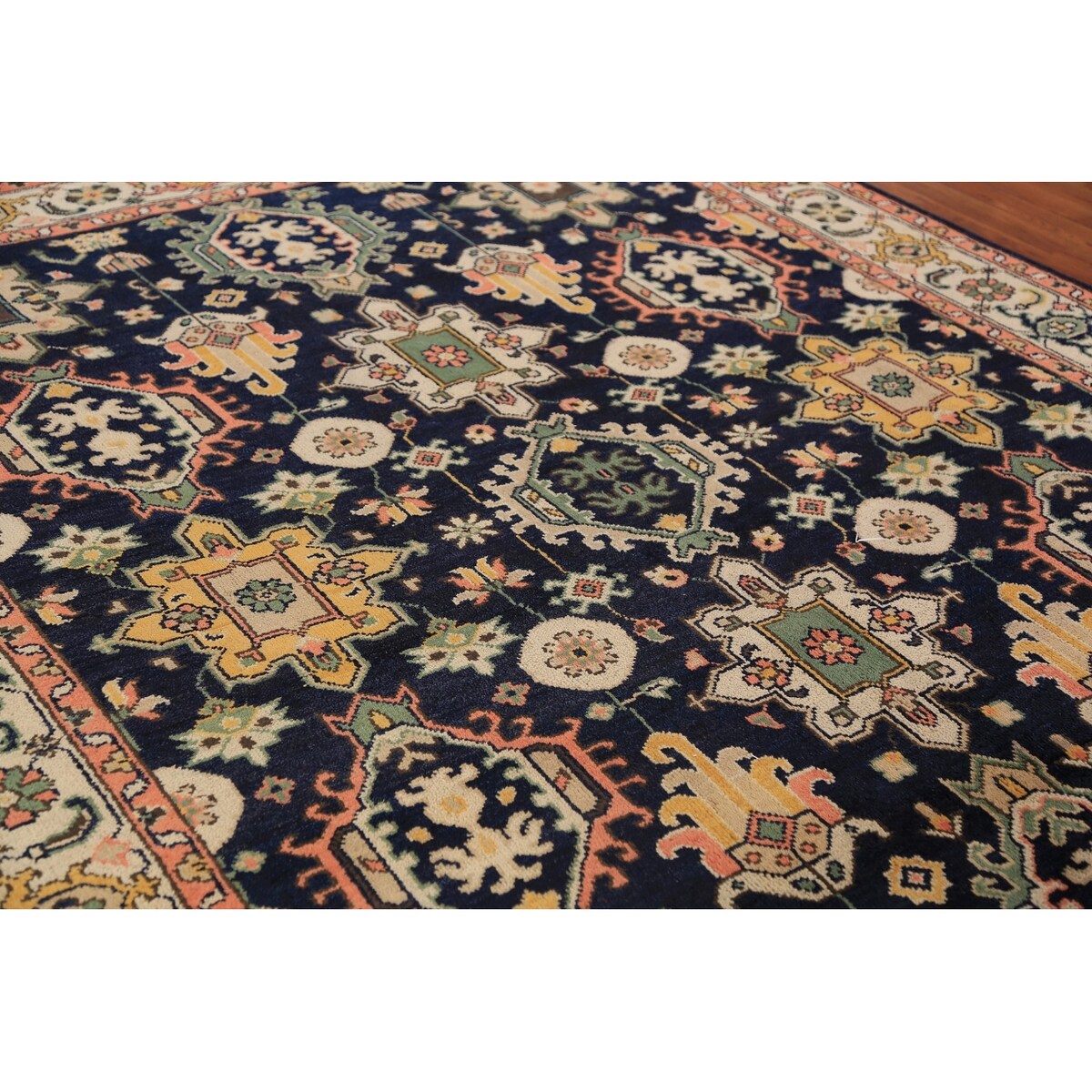 Navy Blue Geometric Oushak Indian Area Rug Handmade Wool Carpet - 8'0"x 10'1"