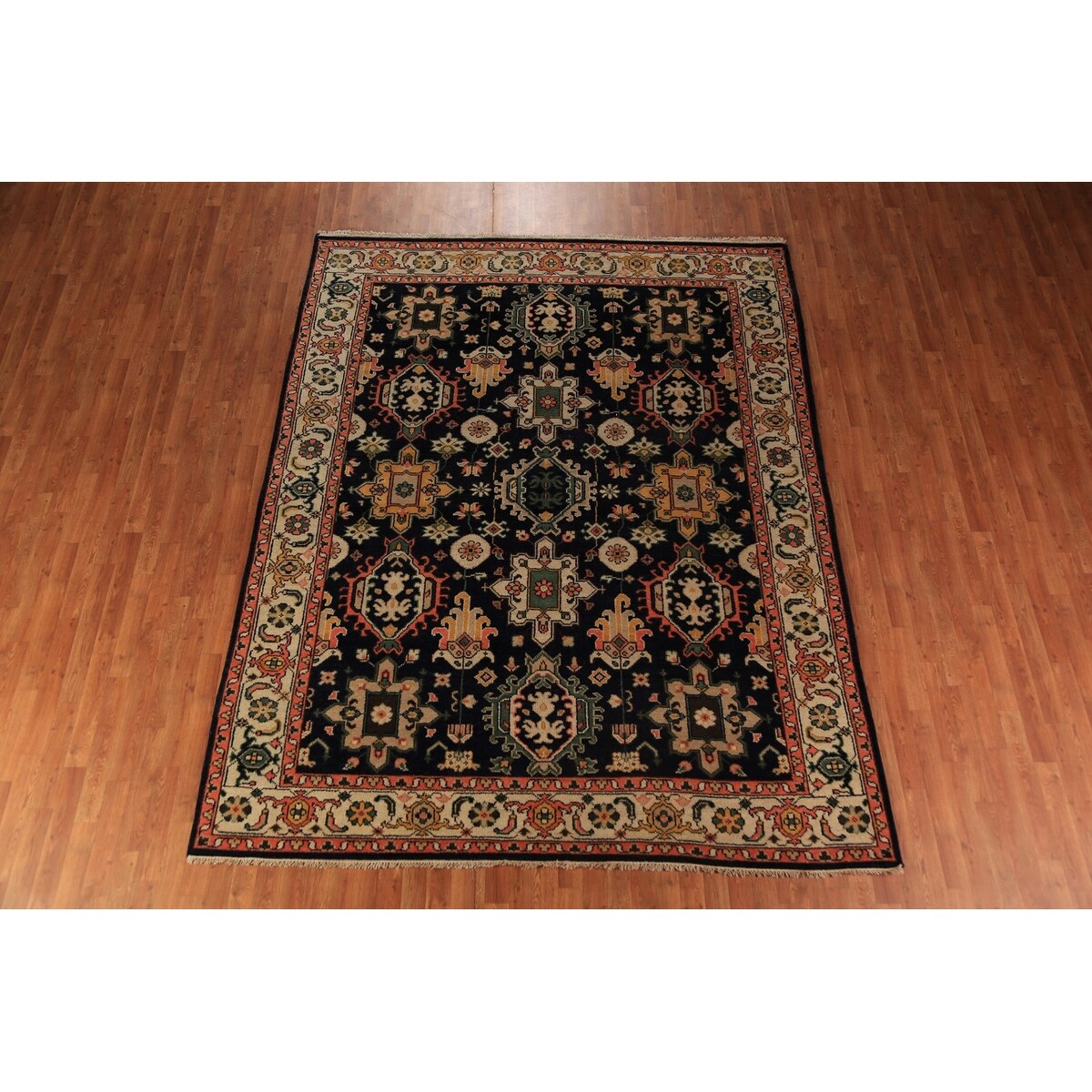Navy Blue Geometric Oushak Indian Area Rug Handmade Wool Carpet - 8'0"x 10'1"
