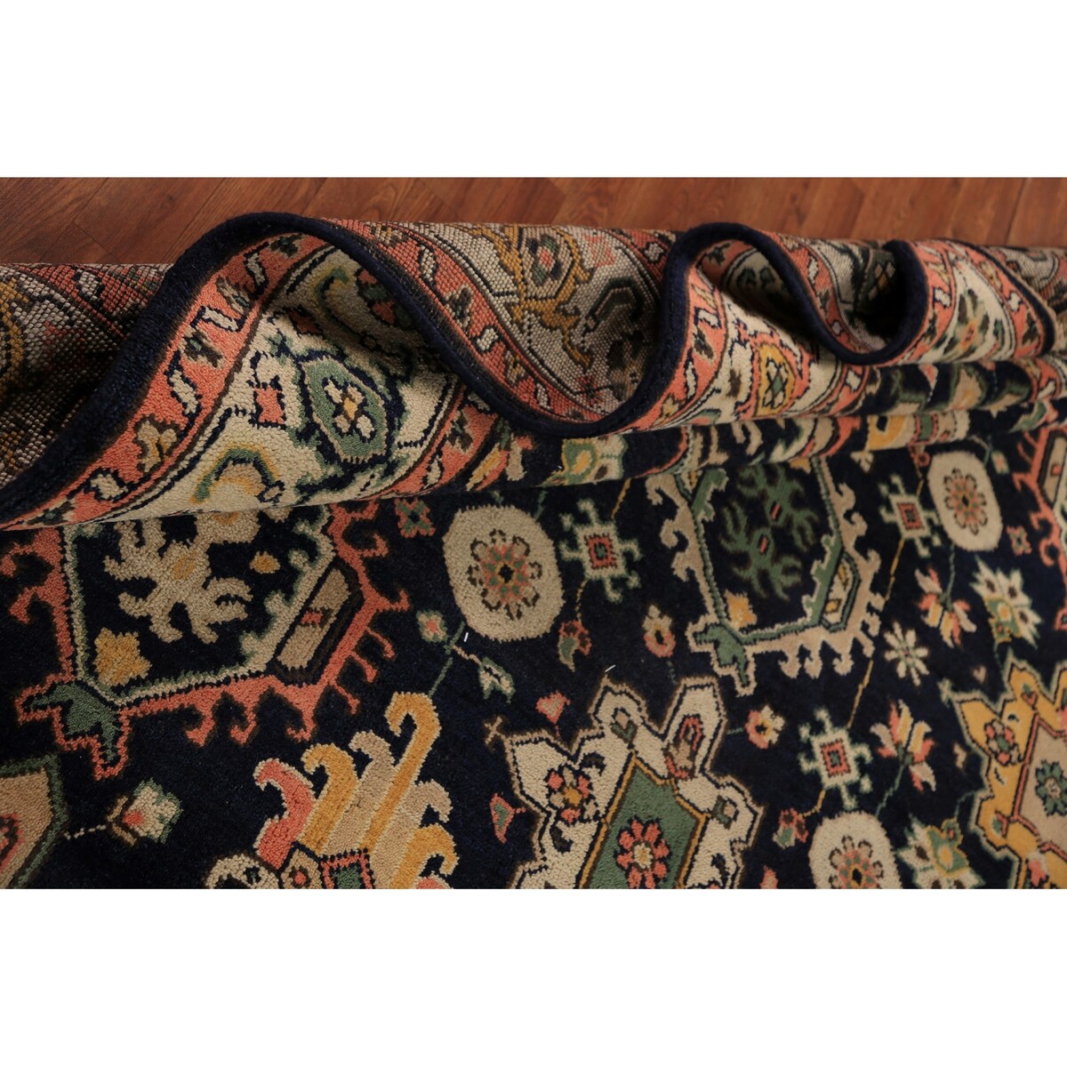 Navy Blue Geometric Oushak Indian Area Rug Handmade Wool Carpet - 8'0"x 10'1"