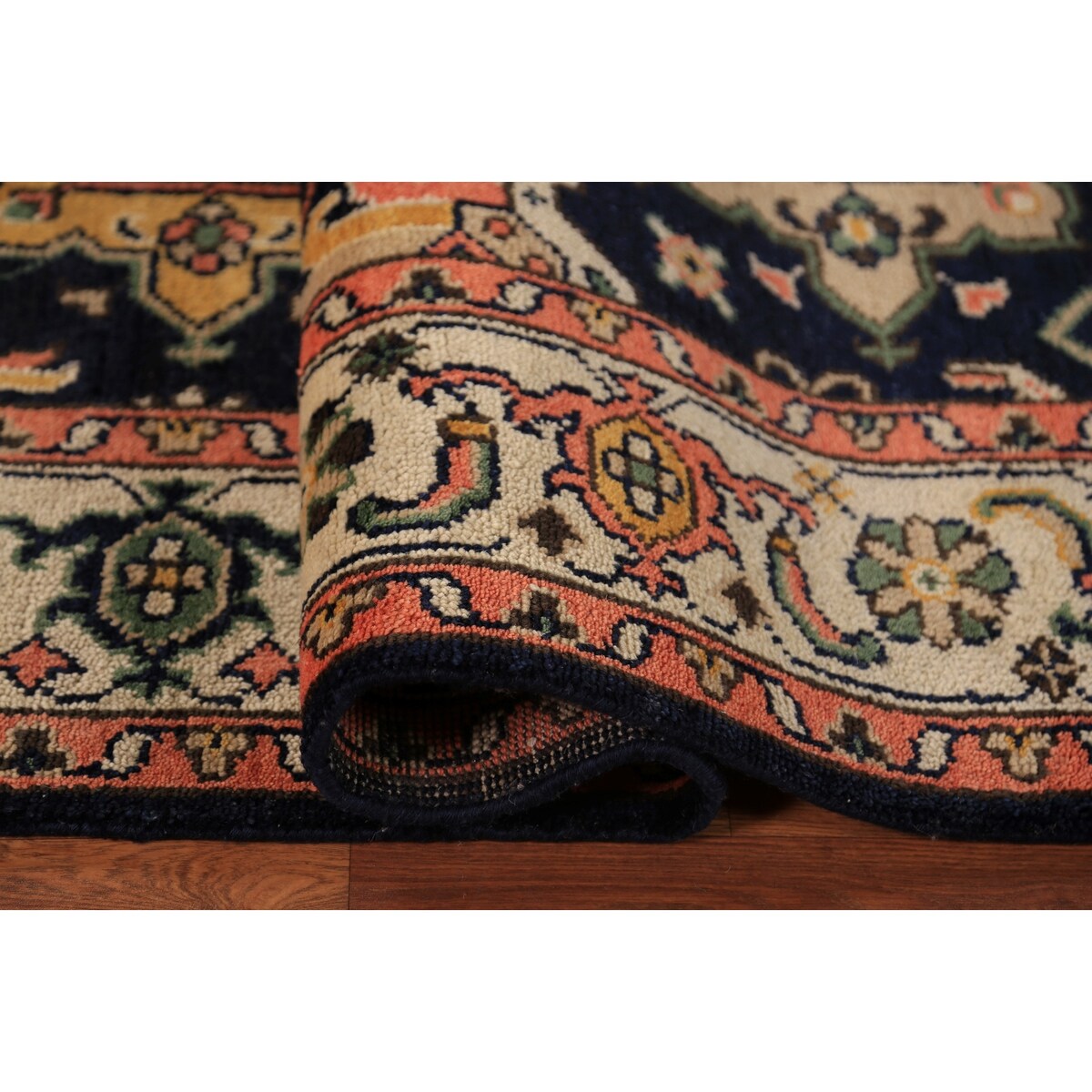 Navy Blue Geometric Oushak Indian Area Rug Handmade Wool Carpet - 8'0"x 10'1"
