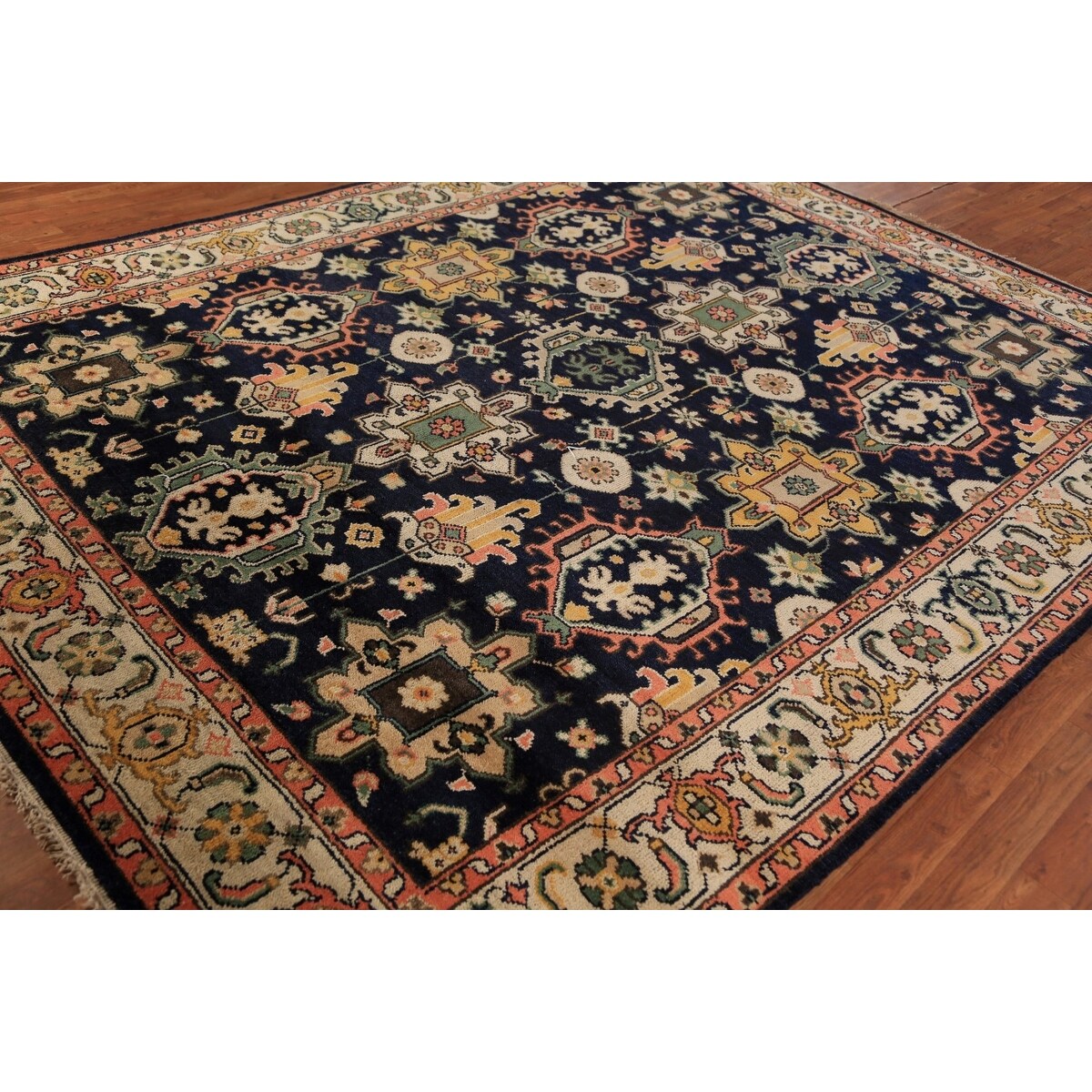 Navy Blue Geometric Oushak Indian Area Rug Handmade Wool Carpet - 8'0"x 10'1"