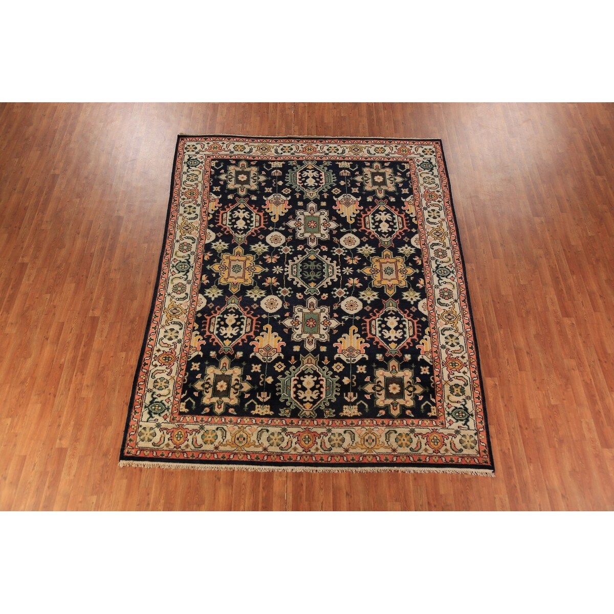 Navy Blue Geometric Oushak Indian Area Rug Handmade Wool Carpet - 8'0"x 10'1"